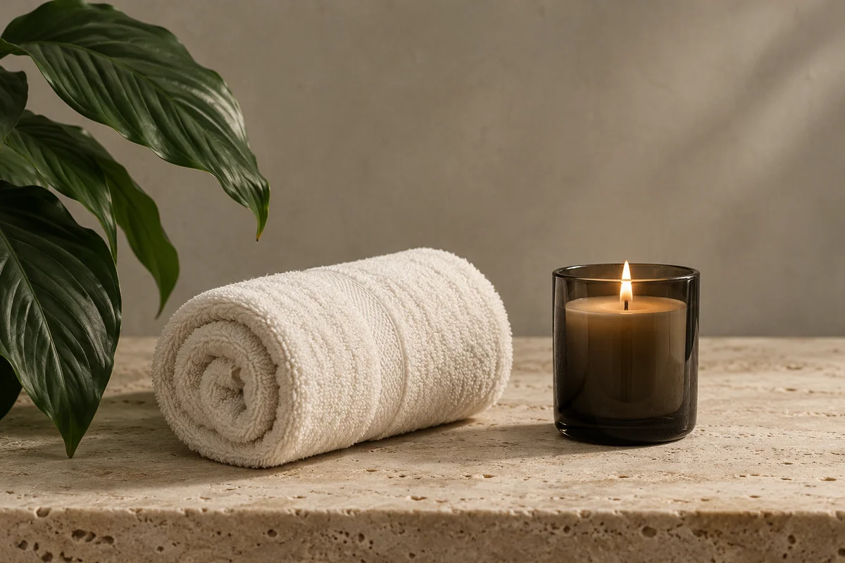 Miękki ręcznik, świeca i zieleń w spokojnym wnętrzu spa